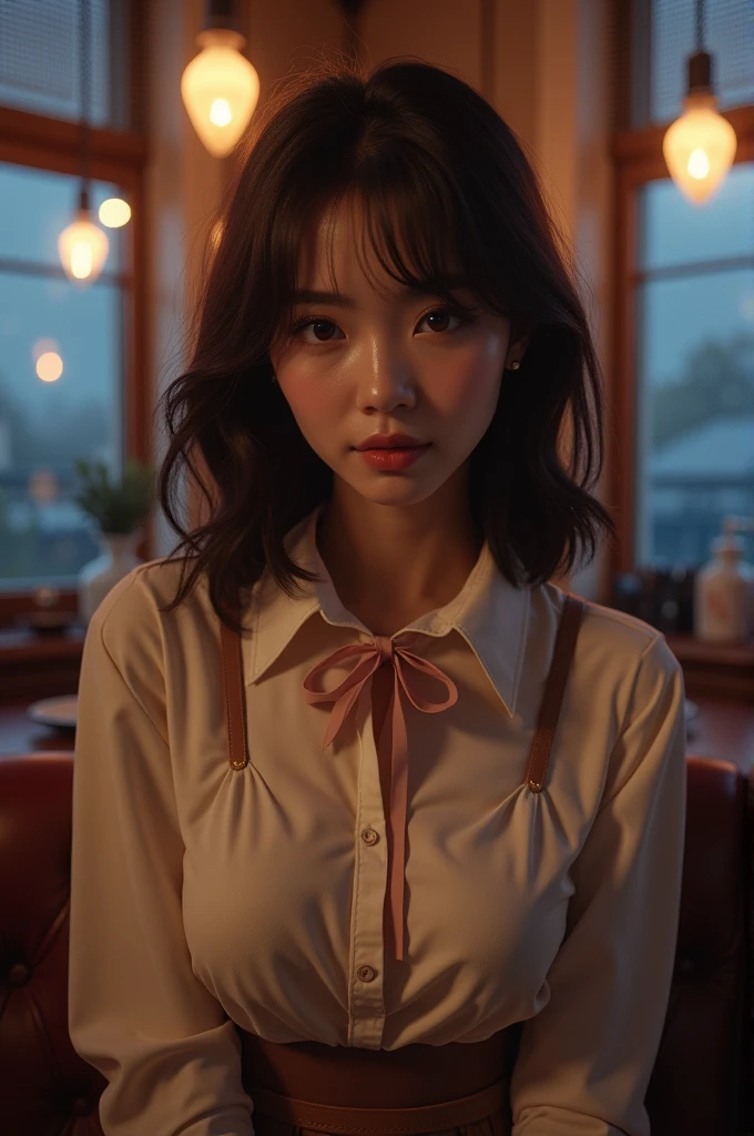(8k, RAW photo, best quality, masterpiece:1.2), (realistic, photo-realistic:1.37), ultra-detailed,
1 girl,cute, solo,beautiful detailed sky,detailed cafe,night,sitting,dating,(nose blush),(smile:1.1),(closed mouth),large breasts, seductive smile, large aparture, professional lighting, Sony A7R4, Zessie 50mm F1.8,
medium breasts,beautiful detailed eyes,(collared shirt:1.1), bowtie,pleated skirt,(short hair:1.2),floating hair