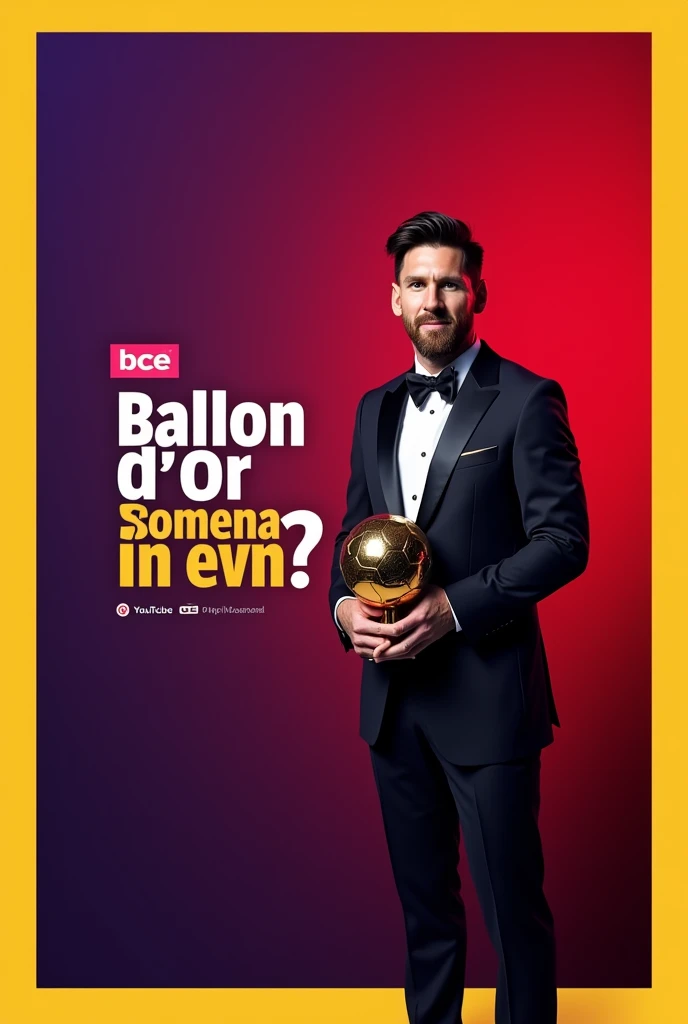 Create a YouTube thumbnail featuring a famous football player (like Lionel Messi) holding a prestigious award (like the Ballon d'Or). Position the player on the right side of the thumbnail, dressed in formal attire (black tuxedo). On the left side, place bold, uppercase text that asks a question related to football awards, such as 'HOW IS FIFA BALLON D'OR SELECTION DONE?' Use white for the main text and yellow to highlight key terms like 'BALLON D'OR.' Ensure the background has a gradient from dark red to purple, with a solid yellow border around the edges. Include a small, simple branding label in the top left corner, using a contrasting color (pink or similar) for the branding text, placed inside a box."