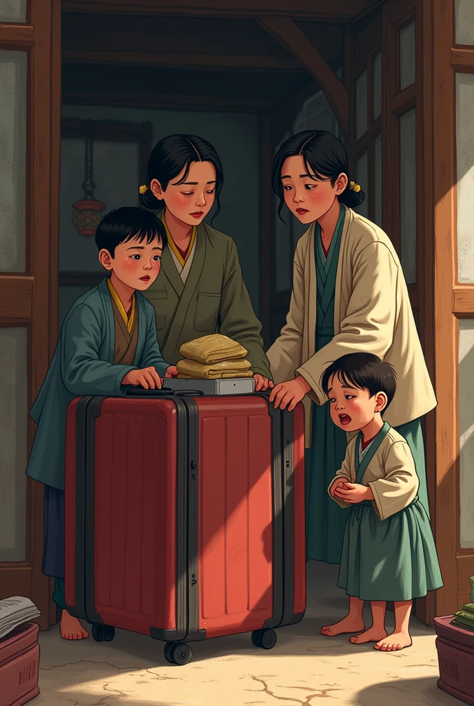 "Ama, Apa where are you going?", cried the . Include father and mother packing luggage and two boys crying. Bhutanese version. The boys should be at the side: crying tears