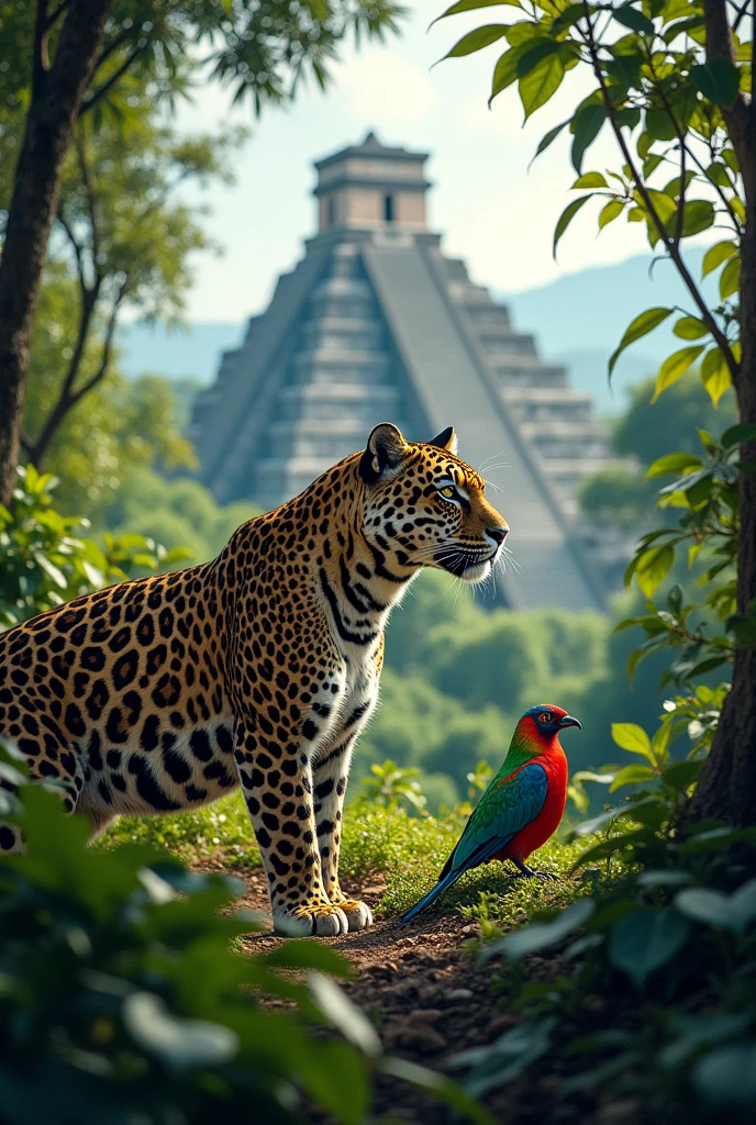 Panoramic image of a jaguar in the jungle of the Tikal pyramid with a quetzal bird and the flag of Guatemala