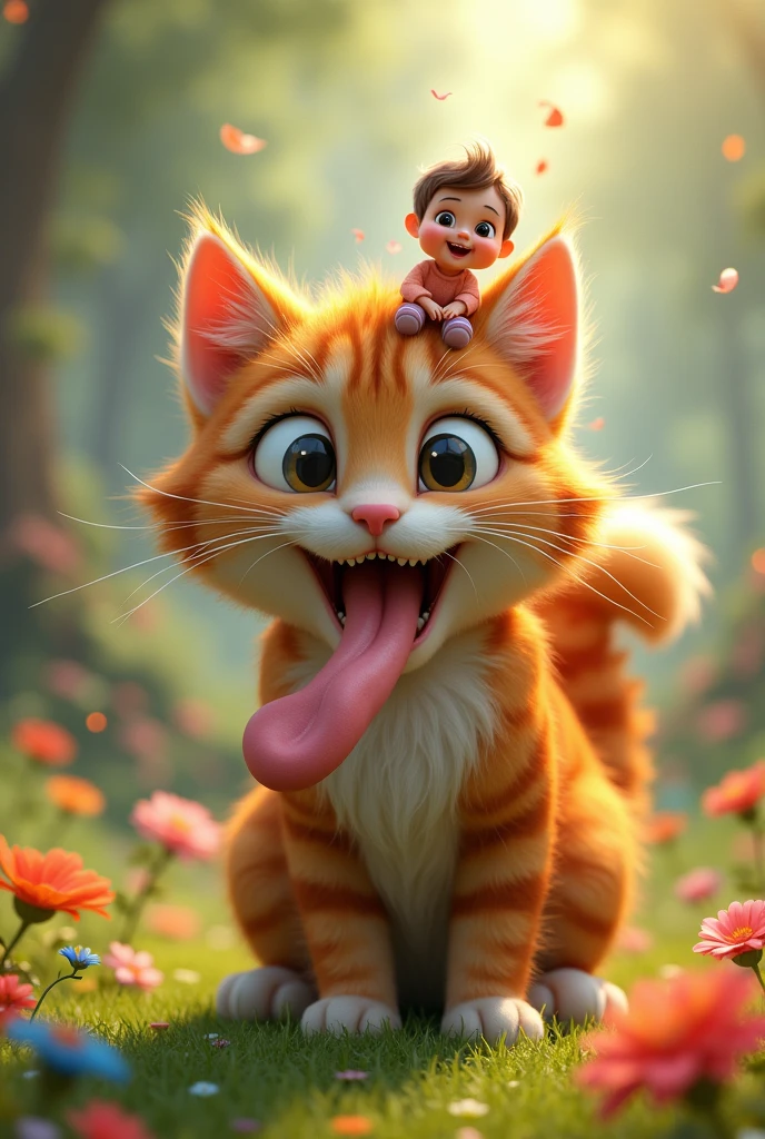 A furry teenager cat with a kid sitting on the top of his tongue and having a lot of fun 