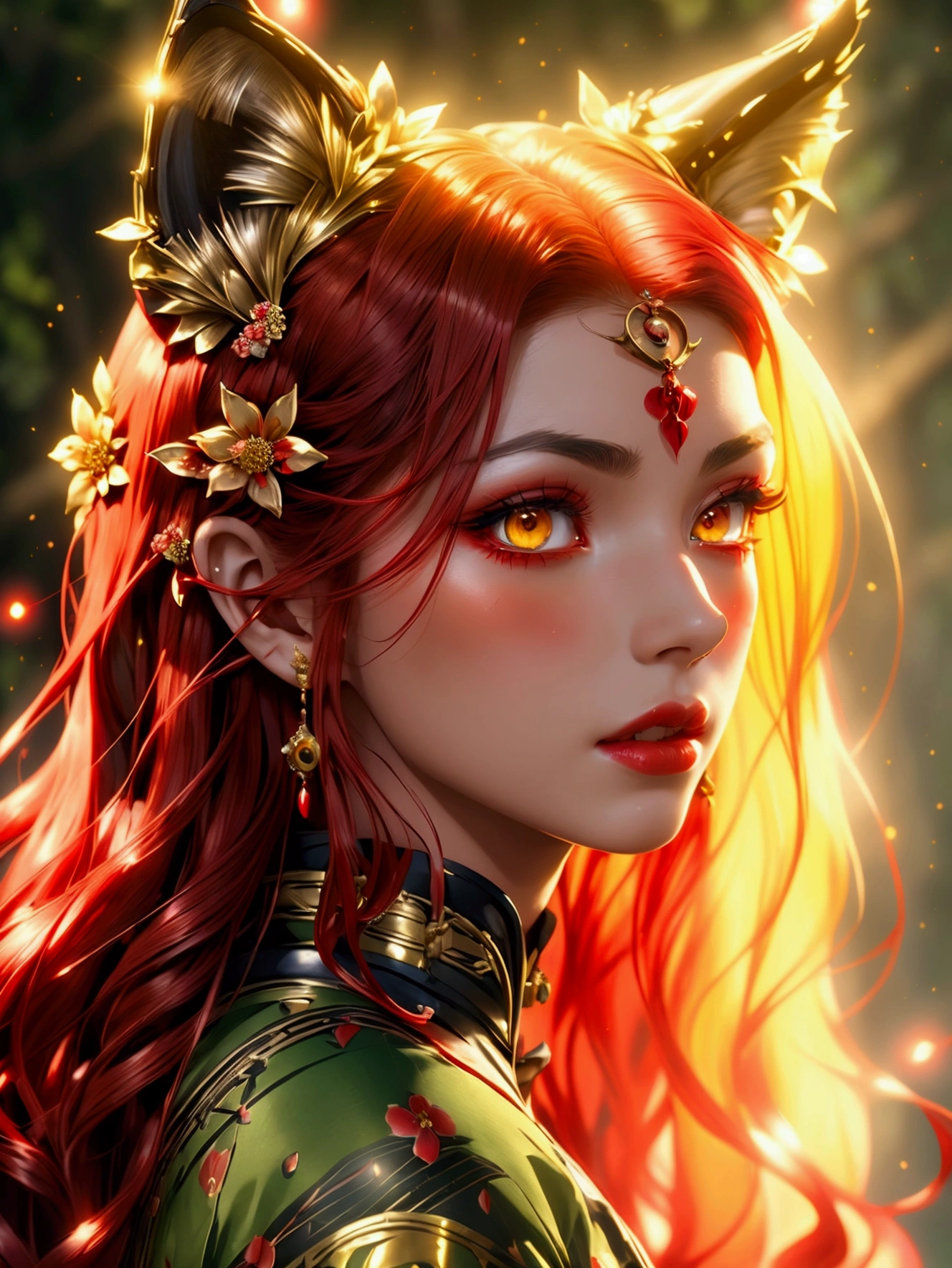 Beautiful scarlet wolf girl, Arnouveau style, fondness, scarlet Wolf ears, red hair is long, sunlight rays, airiness, grace, Floral ornament, хмурая, angry, chiffon, Silk, Correct eye proportions, Expressive yellow eyes, long eyelashes, plump wet lips, Texture skins for the face, A lot of air, higly detailed, Doubleexposure, 30 thousand..., hyper realisitc, Hi-Def, soft-lighting