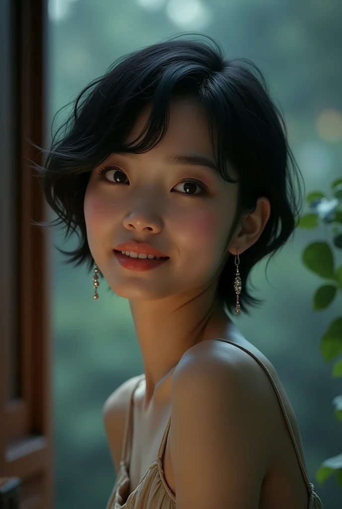 Make a picture of a young Asian woman with short hair and earrings smiling sideways. It has a soft bokeh blur texture wallpaper with dark undertones.