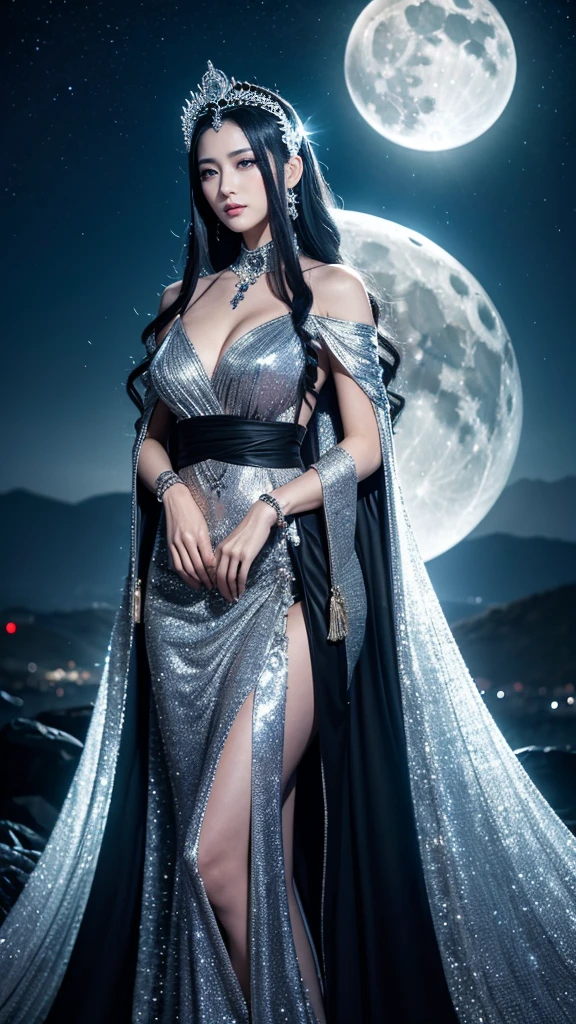 **Prompt:** Create an ultra-realistic 8K resolution image of Tsukuyomi, the Japanese moon god from Shinto mythology, reimagined in a Hollywood-style cinematic portrayal while retaining the deity's iconic features. Tsukuyomi is depicted as a powerful, glamorous figure with long, flowing silver hair that cascades over her shoulders in perfect waves, catching the light in a dramatic, ethereal way. Her eyes are sharp and intense, glowing with a mysterious, otherworldly light that hints at her divine nature.
She is dressed in a stunning, silver and black gown that hugs her form, made of shimmering fabric that resembles the night sky, adorned with intricate moon and star patterns. The gown features a high slit and a long, flowing cape that billows dramatically behind her, emphasizing her regal presence. Her look is completed with high heels and elegant jewelry, including a crescent moon pendant that rests against her collarbone.
The background is a grand, moonlit Hollywood set, complete with towering lights, cameras, and a backdrop of a starry night sky. The setting captures the glamor and spectacle of Hollywood, blending it seamlessly with Tsukuyomi's celestial essence. She stands in a powerful pose, embodying the ultimate Hollywood star—majestic, captivating, and imbued with an aura of divine allure. The scene is lit with a mix of soft moonlight and dramatic spotlights, creating a visually stunning and unforgettable image of Tsukuyomi as the ultimate Hollywood icon.