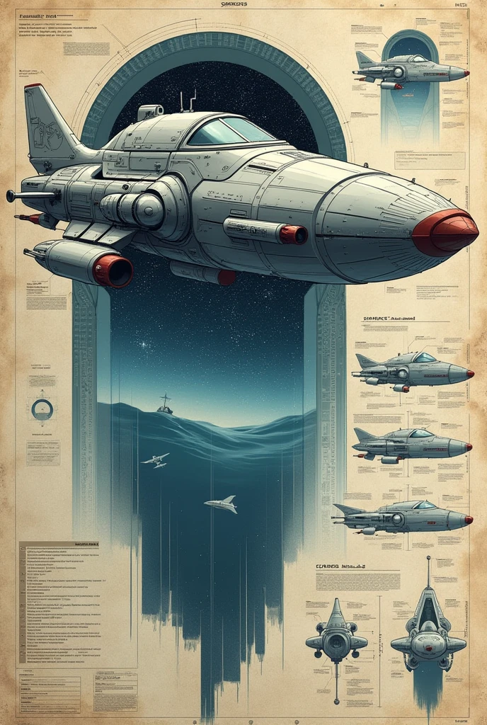 A drawing plan illustration for a submersible spaceship that can explore space and deep sea in a engineering paper