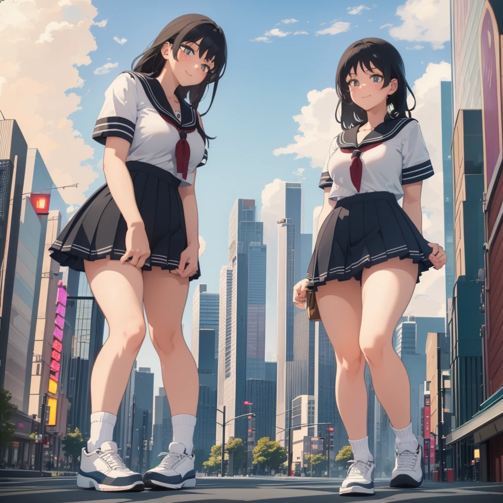  ((Two giant high school girls standing on the road) ) Composition seen from below, true sunset, sunset, evening, masterpiece Anime style Delicate painting 4K 90's Huge Multiple crowd Crowd in a big city Lots of people ) (( Sailor Uniform)) ((School Uniform)) ((Big City)), ((Tokyo Akihabara Electric Town)), Big Breasts, High School Girl, Transparent Costume, Sweaty, Splashes, Sneakers, Watch, Black Hair, Smile, Female Titan Giant Girl Full Body Crowd Unreal Engine, Cleavage, Image, Earrings, Cute Photo, Beauty, Analog Style, Full Body, Sneakers, GTS, Giant Female Giant, Building Valley Girl, Skyscraper City, Big City, GTS , Giant Female Titan,