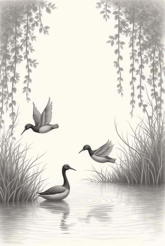 A pond drawing birds and vines with paper and pencil



