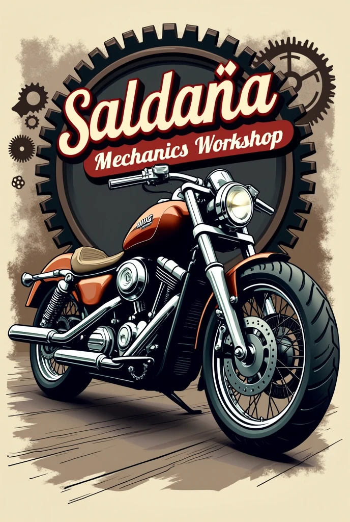 Saldaña mechanics workshop logo with a motorcycle