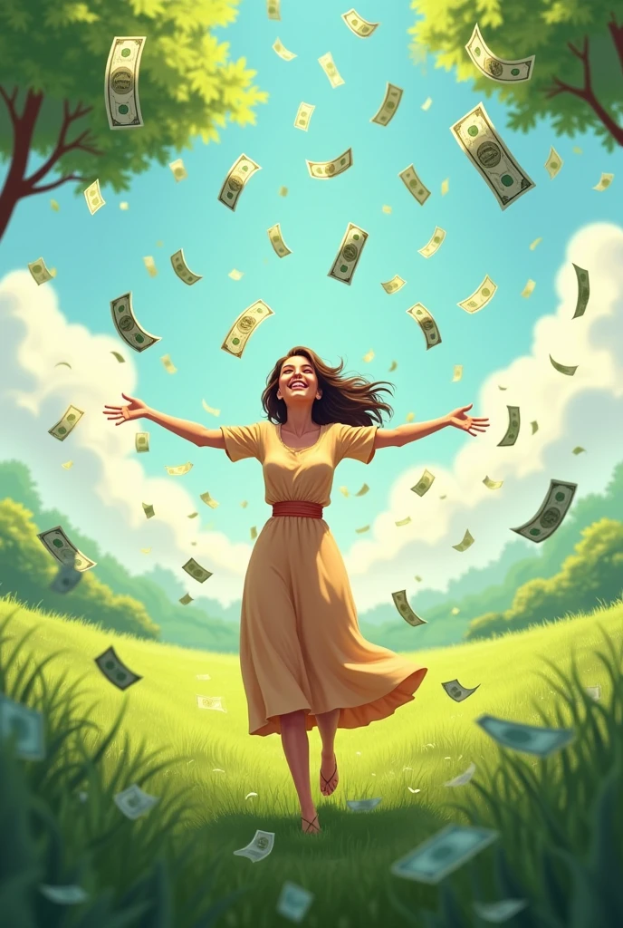 A woman smiles happily, spreads her arms, looks up at the sky, amidst a green field, where money falls from the sky in abundance.