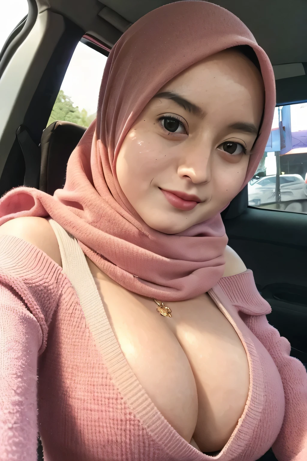 1 lady, 20 years old, best body, wearing pink hijab, hijab covers whole hair, wearing brown sweater, off shoulder, warm lighting , sitting in car, seat belt, night time, casual wear, close shot, shot from high angle, wearing big necklace, shiny skin, big breast (huge breast 1.6), selfie style