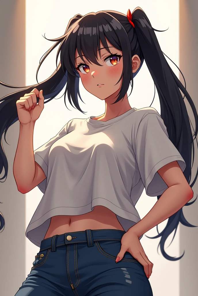 a woman with two ponytails, sharp eyes, her left hand up and her right hand on the waist, wearing an oversized t-shirt, full body, anime style