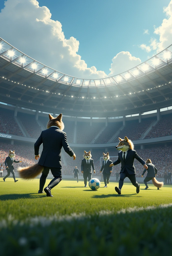 Wolf with his pack in formal suits playing soccer in a stadium 