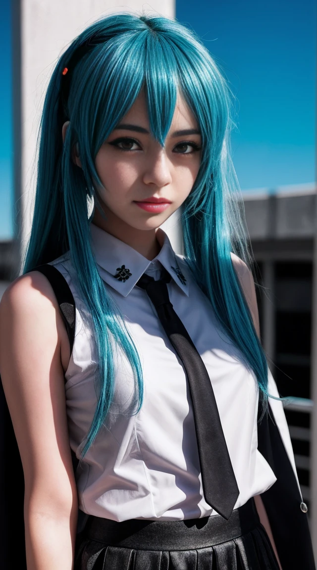 Genius cosplayer girl of Hatsune Miku, intricate detail Highly Detailed Eyes, Faded, Japanese high school white sailor suit, White collar shirts with Sleeveless, sky blue tiny tie, black skirt, black arm cover, 16K resolution, RAW, Nikon Z9, Creative, Masterpiece, Fantasy, High Definition, High Quality, 8k, Realistic, Dramatic Lighting, Soft Focus, Digital Illustration, Intricate Mechanics, Advanced Techniques, Dark Background Cinematic, High Contrast, High Contrast Atmosphere, (Best Quality, 4k, 8k, High Definition, Masterpiece: 1. 2), Ultra-Detailed, (Realistic, Graphic, Photorealistic: 1. 4) -- No Glass --AR 16:9 --Stylize 1000