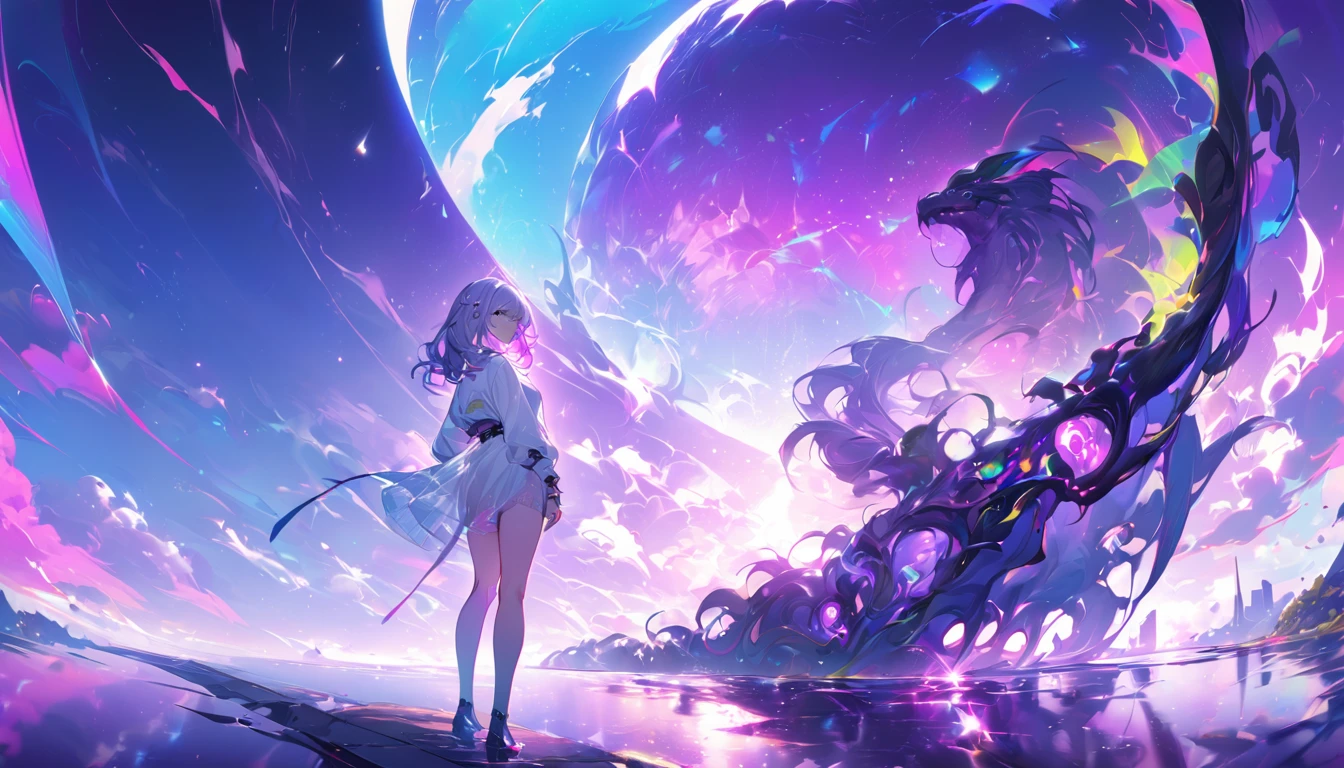 1 girl, Colorful Themes, Synthwave Sky,(最high quality, high quality, High resolution), Actual, Very detailed, Very detailedな顔の特徴, Ridiculous, Actual lighting and reflections, Very detailedな顔の特徴, See-through shirt, Best Photos,high quality illustration