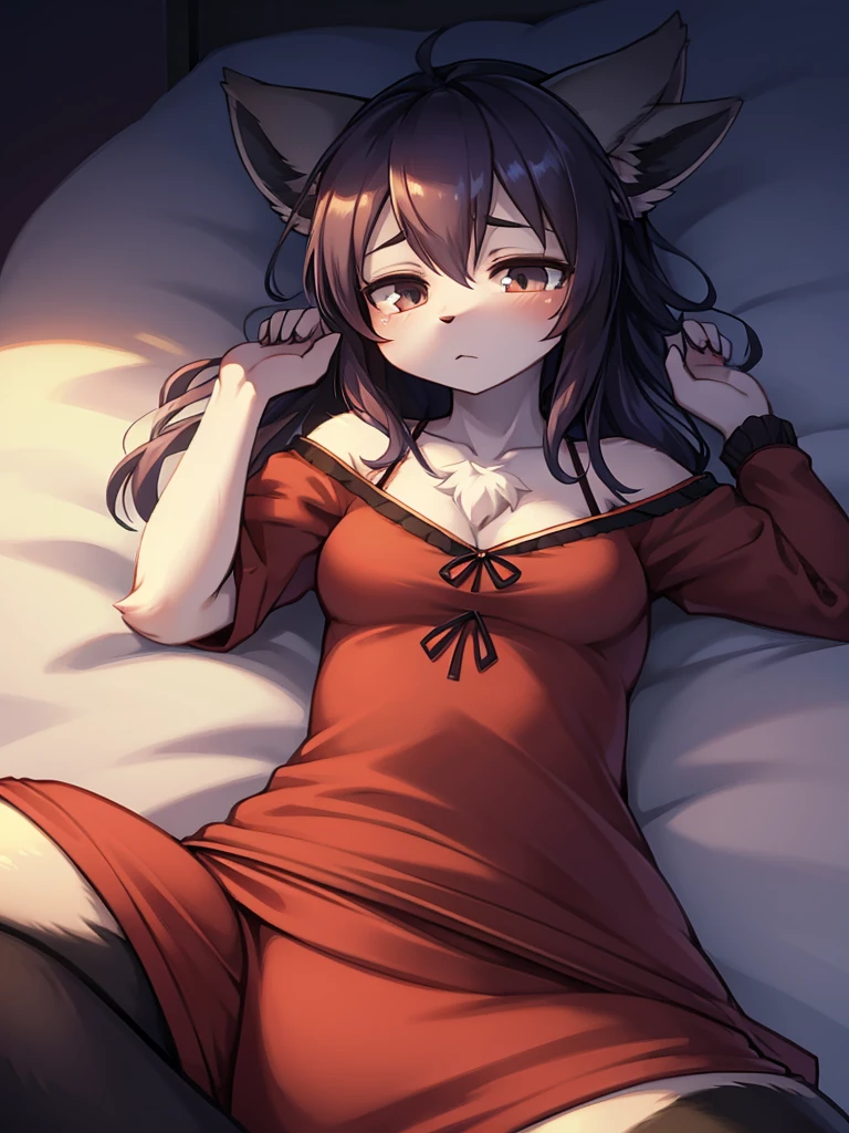 woman , Drowsiness , looking away , night wear , lying down on the bed , Selfish body