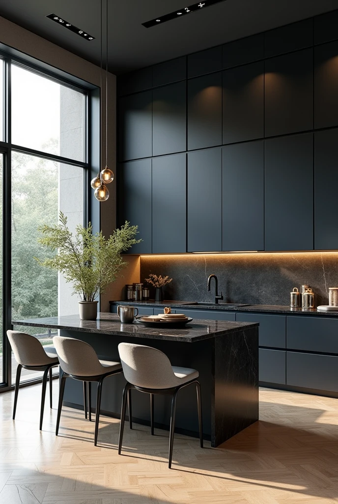 Professional 3d architecture rendering design of modern kitchen with   So dark blue vintage and dark beige  and dark gray  cabinets and  modern  so light  gray design chairs  shiny  black   marble island island and modern windows and complete showing kitchen and showing complete kitchen and modern windows and showing complete kitchen and modern accessories 