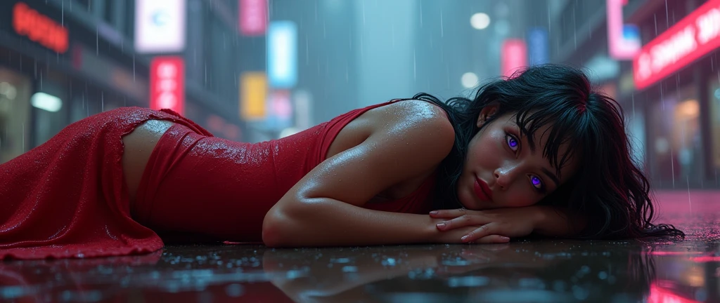 A naked  girl with purple  eyes  in red torn suit and wet body and laying down in cyberpunk city and rainy weather and watching me with smile 
