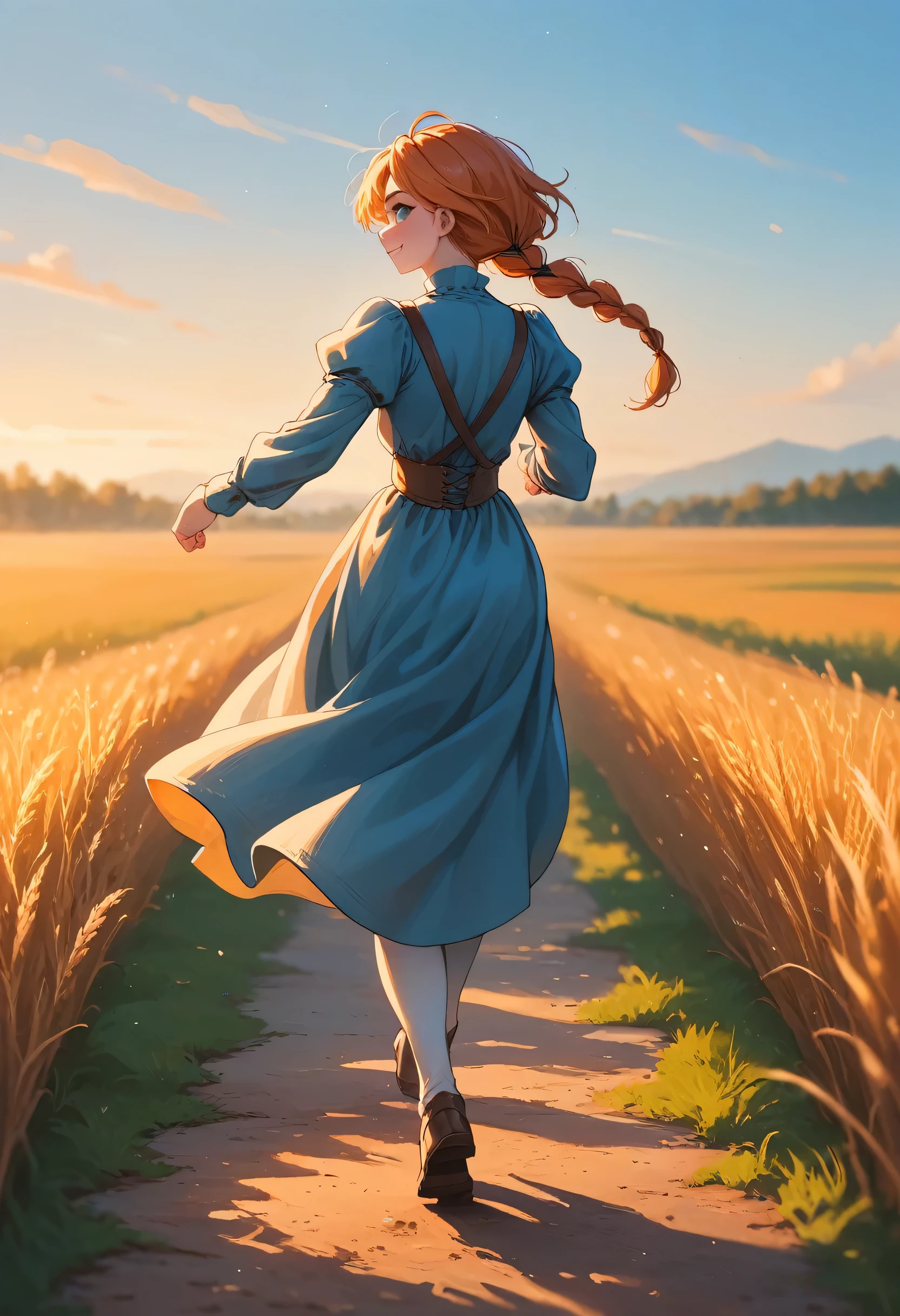 1 girl, solo, long orange hair, running, (high wheat field), turning around, emerald eyes, long blue dress, middle ages, medieval outfit, long sleeves sunset, light from behind, shadow on the figure, smile, laughter, (blue sky), against the background of wheat, standing in the distance, looking at the viewer, full-length