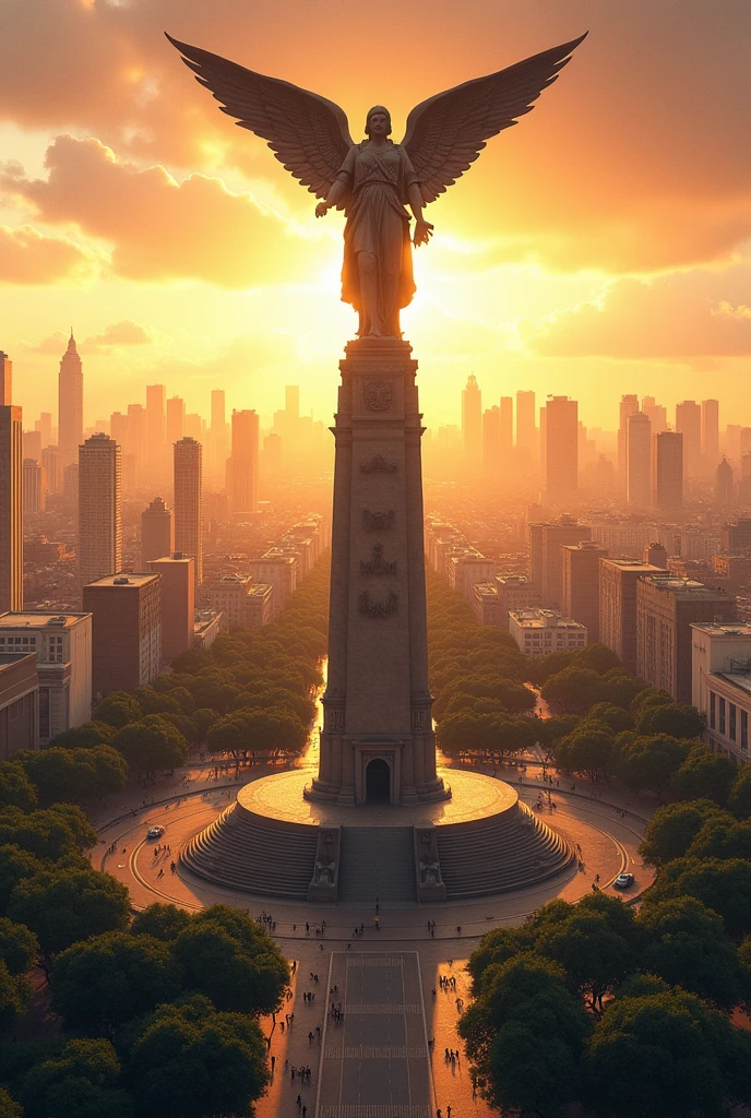 Create a landscape of a city with the angel of independence with letters that say the words reytricia Mexico