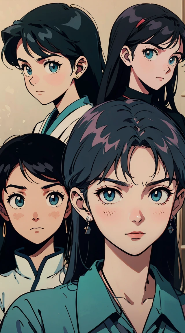 A series of four paintings of women in suits frowning, Anime Moe Art Style, Mr.々A pose, Kantai Collection Style, Yandere, Anime Styleキャラクター, With index finger, fubuki, Naughty anime style, different expression, Dramatic smile pose, gapmoe Yandere, Anime Styleに, Anime Style, Mr.々A poses