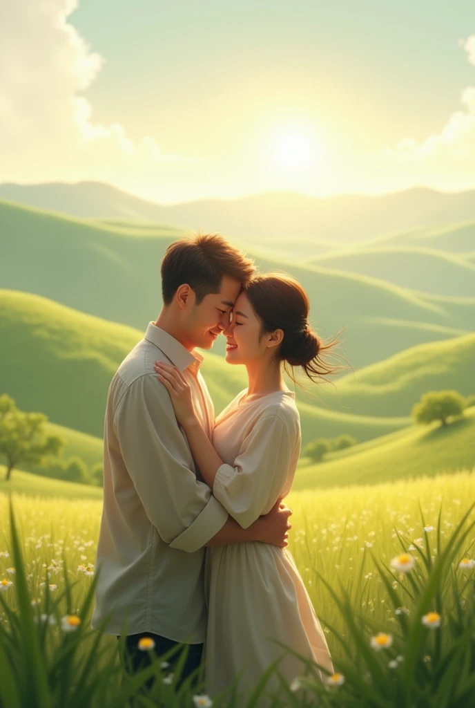 Asian dad and mom hugging in the field