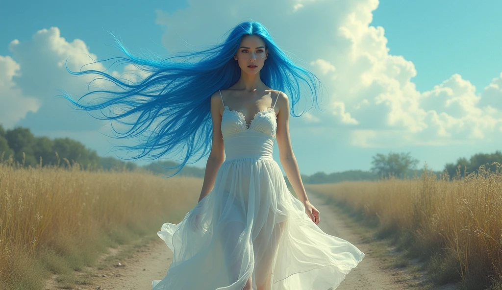 A solitary figure embodying the Zodiac sign Aquarius, her determination evident as she walks alone on a path. The woman is characterized by her independence, orignial and unique presence, exuding an aura of power and wisdom. This image, whether a painting or photograph, captures her essence flawlessly. Every detail is meticulously rendered, from the graceful blue hair in the wind and freedom. The colors are rich and vibrant, drawing the viewer in to marvel at the depth of emotion conveyed in this stunning portrayal.