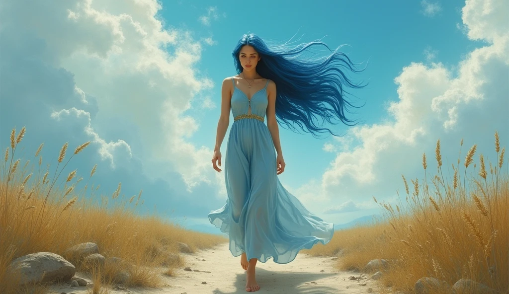 A solitary figure embodying the Zodiac sign Aquarius, her determination evident as she walks alone on a path. The woman is characterized by her independence, orignial and unique presence, exuding an aura of power and wisdom. This image, whether a painting or photograph, captures her essence flawlessly. Every detail is meticulously rendered, from the graceful blue hair in the wind and freedom. The colors are rich and vibrant, drawing the viewer in to marvel at the depth of emotion conveyed in this stunning portrayal.