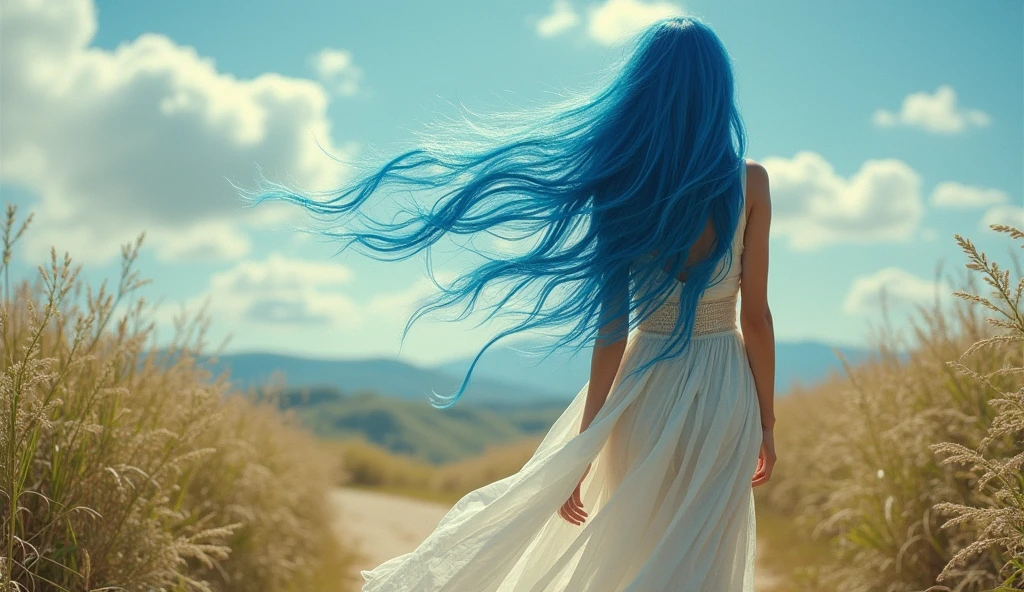 A solitary figure embodying the Zodiac sign Aquarius, her determination evident as she walks alone on a path. The woman is characterized by her independence, orignial and unique presence, exuding an aura of power and wisdom. This image, whether a painting or photograph, captures her essence flawlessly. Every detail is meticulously rendered, from the graceful blue hair in the wind and freedom. The colors are rich and vibrant, drawing the viewer in to marvel at the depth of emotion conveyed in this stunning portrayal.