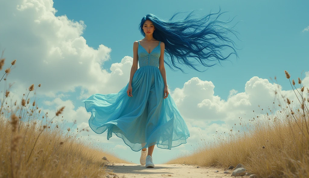 A solitary figure embodying the Zodiac sign Aquarius, her determination evident as she walks alone on a path. The woman is characterized by her independence, orignial and unique presence, exuding an aura of power and wisdom. This image, whether a painting or photograph, captures her essence flawlessly. Every detail is meticulously rendered, from the graceful blue hair in the wind and freedom. The colors are rich and vibrant, drawing the viewer in to marvel at the depth of emotion conveyed in this stunning portrayal.