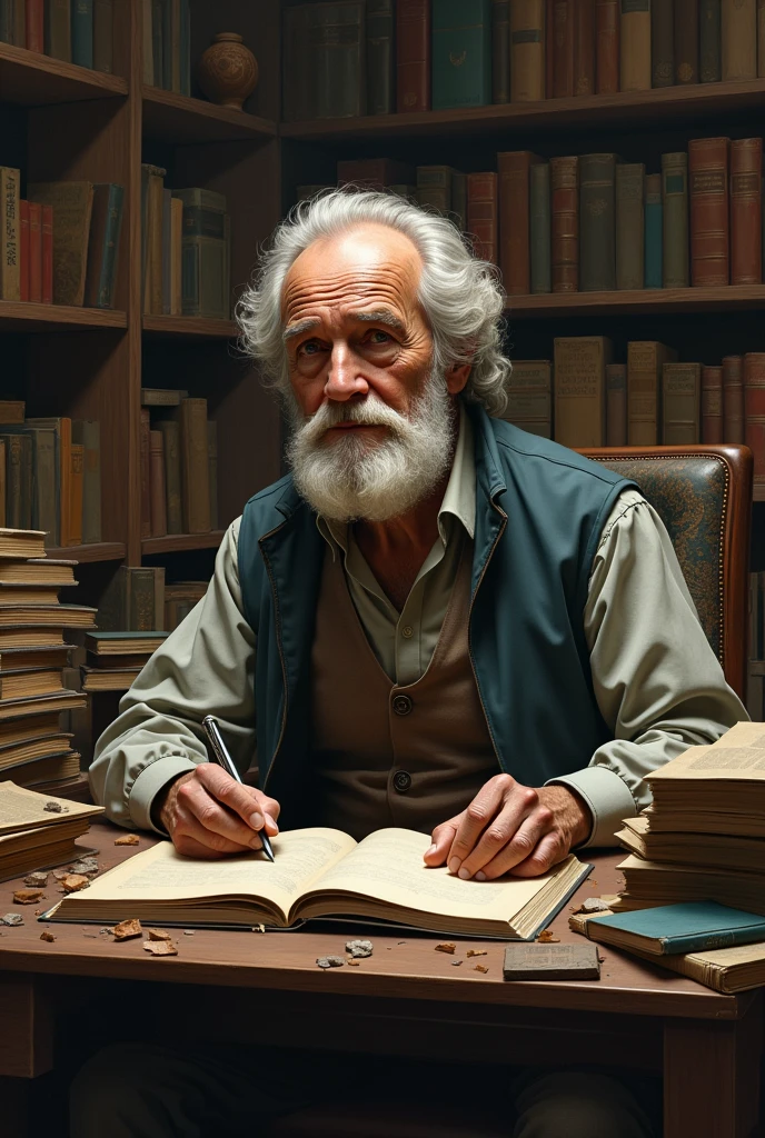 Image European philosopher Michel Chavalier in his study surrounded by old comic books 
