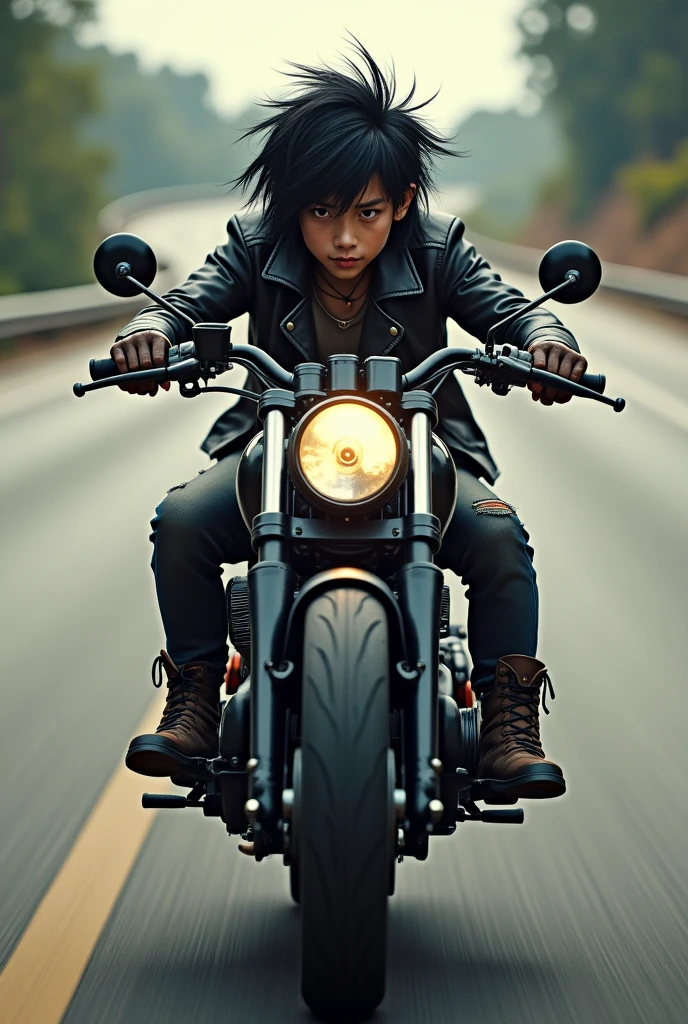 Realistic photography,High-angle full-body frontal shot,An Asian punk boy with long flowing hair rides a heavy motorcycle,Running on the highway。