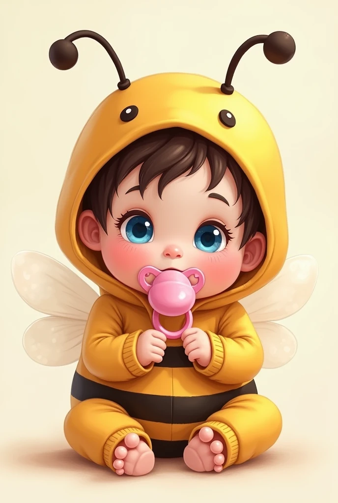Baby dressed as a bee sitting with a pink pacifier, blue eyes, dark brown hair , cute cartoon