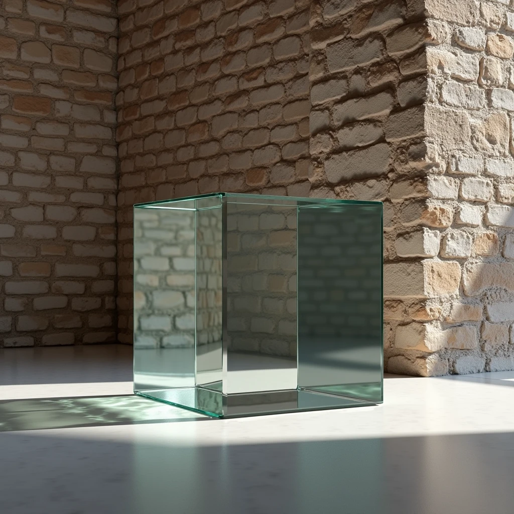 "Generates an image showing a brick stone textured background wall, everything looking straight ahead, highlighting the irregular and natural details of the stone, mostly cracks. The floor must be smooth and uniform., contrasting with the texture of the wall. on the floor, place a simple glass cube, transparent and geometrically precise, that reflects light subtly and shows the details of the environment through its faces."