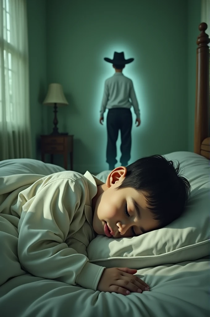 A five-year-old Venezuelan boy from the state of Guarico, lying in his humble room on his bed, terrified, wakes up full of fear seeing how the spirit of a peasant man with black pants and a white long-sleeved shirt and a black hat grabs him by the feet.