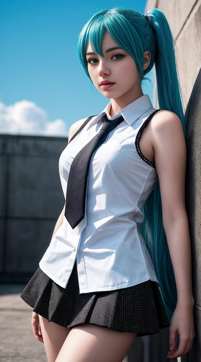 Genius cosplayer girl of Hatsune Miku, intricate detail Highly Detailed Eyes, Faded, Japanese high school white sailor suit, long White collar shirts with Sleeveless, sky blue tiny tie, black skirt, black arm cover, 16K resolution, RAW, Nikon Z9, Creative, Masterpiece, Fantasy, High Definition, High Quality, 8k, Realistic, Dramatic Lighting, Soft Focus, Digital Illustration, Intricate Mechanics, Advanced Techniques, Dark Background Cinematic, High Contrast, High Contrast Atmosphere, (Best Quality, 4k, 8k, High Definition, Masterpiece: 1. 2), Ultra-Detailed, (Realistic, Graphic, Photorealistic: 1. 4) -- No Glass --AR 16:9 --Stylize 1000
