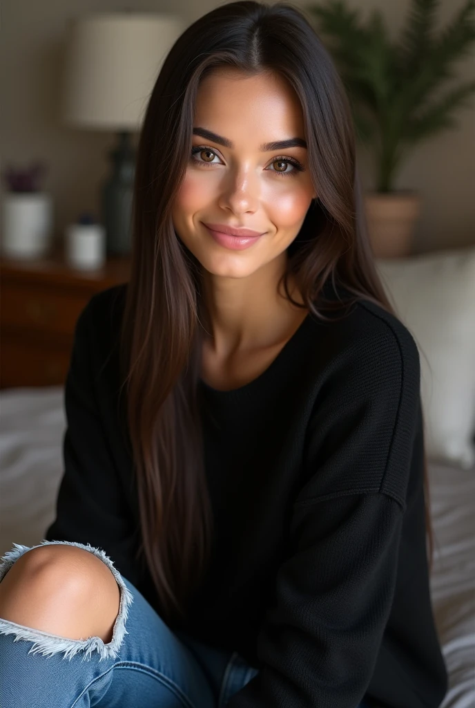(photorealism:1.2),(alta calidad)Oval face with high, well-defined cheekbones.Hair: Long, straight, dark brown with a healthy shine, Large, dark brown eyes with an intense and elegant look, Fair complexion with a soft tan tone, Full, well-defined lips, usually made up with natural tones.Style: Black sweater, trendy blue ripped jeans.Expression: Confident and serene, with a warm but reserved smile, sitting in her room.(4k),(alta resolución).