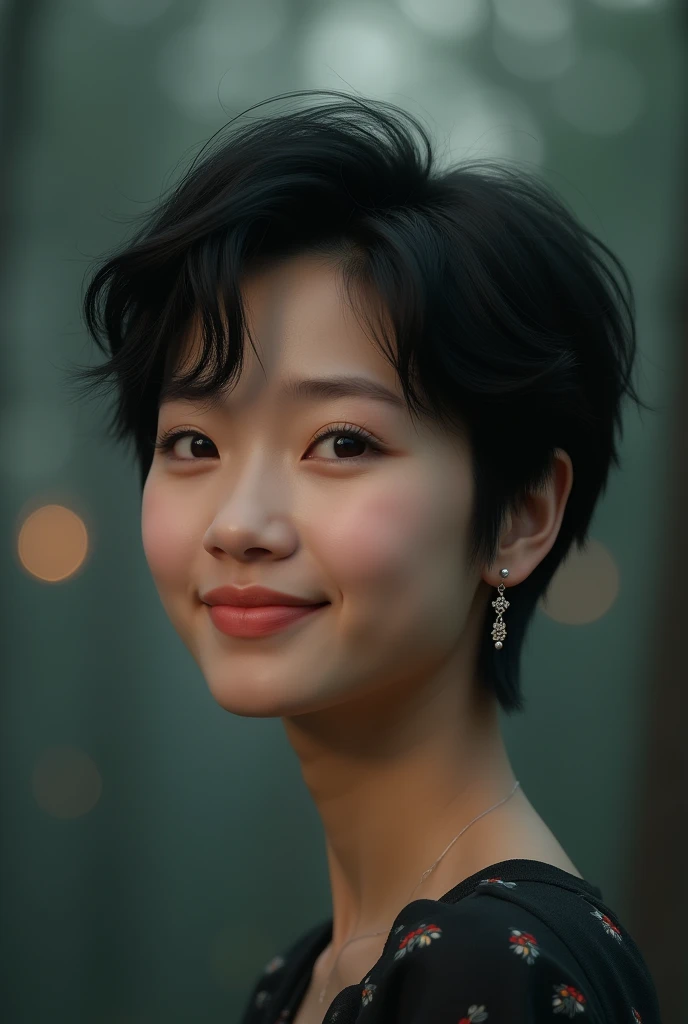 Make a picture of a young Asian woman with short hair and earrings smiling sideways. It has a soft bokeh blur texture wallpaper with dark undertones.