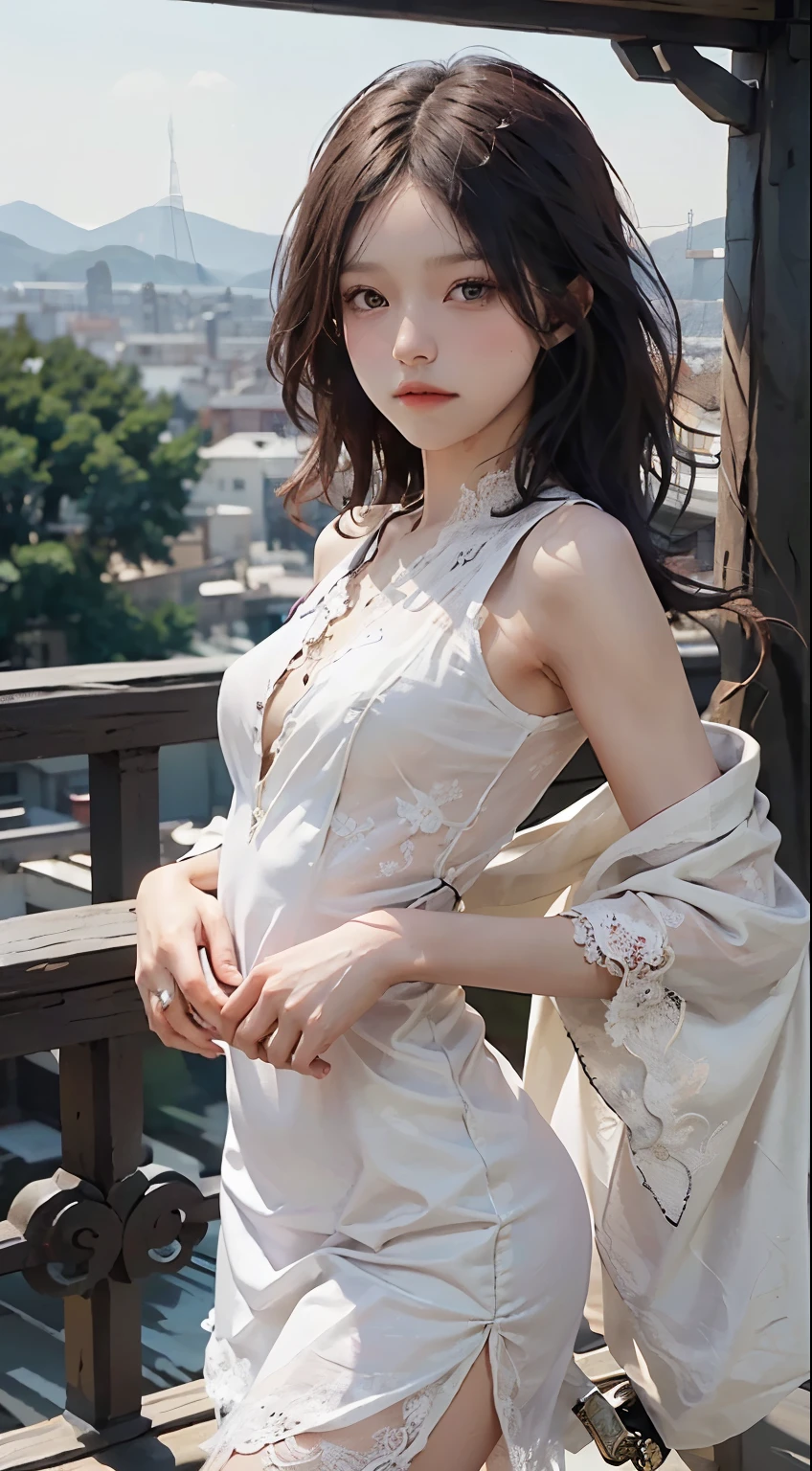 a close up of a woman with a sword in a white and pale pink seethrough silk dress, a character portrait by Yang J, trending on cgsociety, fantasy art, beautiful character painting, artwork in the style of guweiz, Guweiz,yukata wear, flowing white robes, full body wuxia, epic exquisite character art, stunning character art, beautiful female assassin,Young super beautiful girl,Shoulders exposed skin,The belly button and the surrounding area are exposed,Flat boobs,Small breasts,Beautiful girl with slender body,Small waist,Very small ass,Very slim legs,((see through cotton dress)),((see through lace dress)),((Beautiful nipples)),(Eyes that are too beautiful),(A beautiful girl of unparalleled beauty),