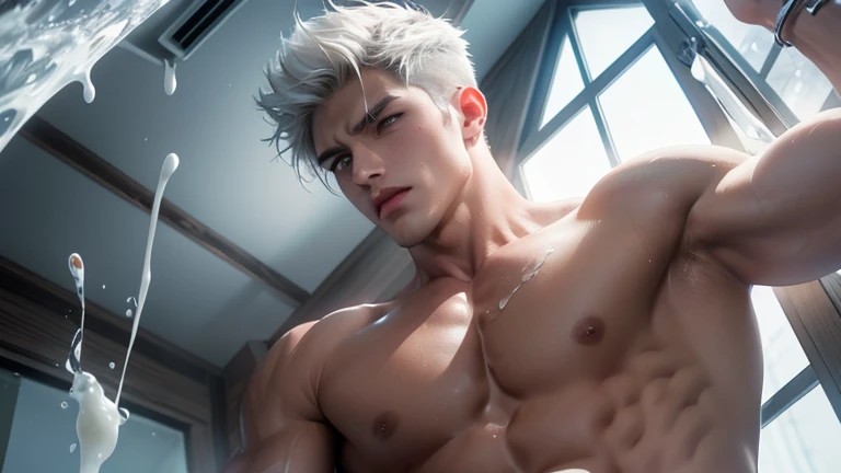 A young boy with white hair，fair skin，handsome，The triangle briefs are wet, so I took half of them off.，裸上半身Soaked in milk，Showing six-pack abs and chest muscles with water droplets on them，Soaked in milk，纖細長腿Soaked in milk，There is a big protrusion from below and milk is spurting out，Soaked in milk，Tilting their head back, they wore an expression of comfort.，Milk flows from the corners of the mouth，Sticking out tongue，Drinking milk，Very shy expression，Milk flows from the corner of the mouth，covered in milk，soak in milk，There&#39;s milk on your face too，Milk flows from the corners of the mouth，身上Soaked in milk，Complete character，To the light，The light shines on the abdominal muscles，milk everywhere，Hand touching crotch