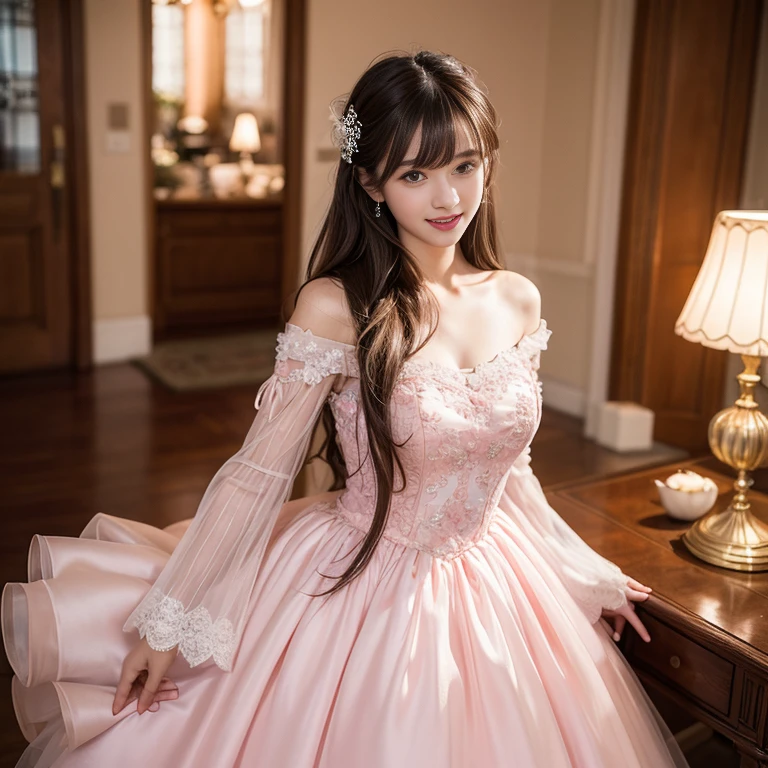 laughing out loud,(knee shot), 1 girl, light brown hair, blunt bangs, hair behind ears, Hair over the shoulders, long hair, Slender body type, Super thin face, face slimming, delicate lips, beautiful eyes, Thin blush, Eyes are light brown,Check it out here, (realistic:1.3), 8k, , Super detailed, high quality, best quality, High resolution,Wear pink wedding dress,Wear a big dress,wear princess dress,Wear a wedding dress,fairy princess dress,in the castle,Wedding ceremony,gauze dress,Wedding dress,Large gauze skirt禮服,tutu dress,Large skirt,Big hem,Large gauze skirt
