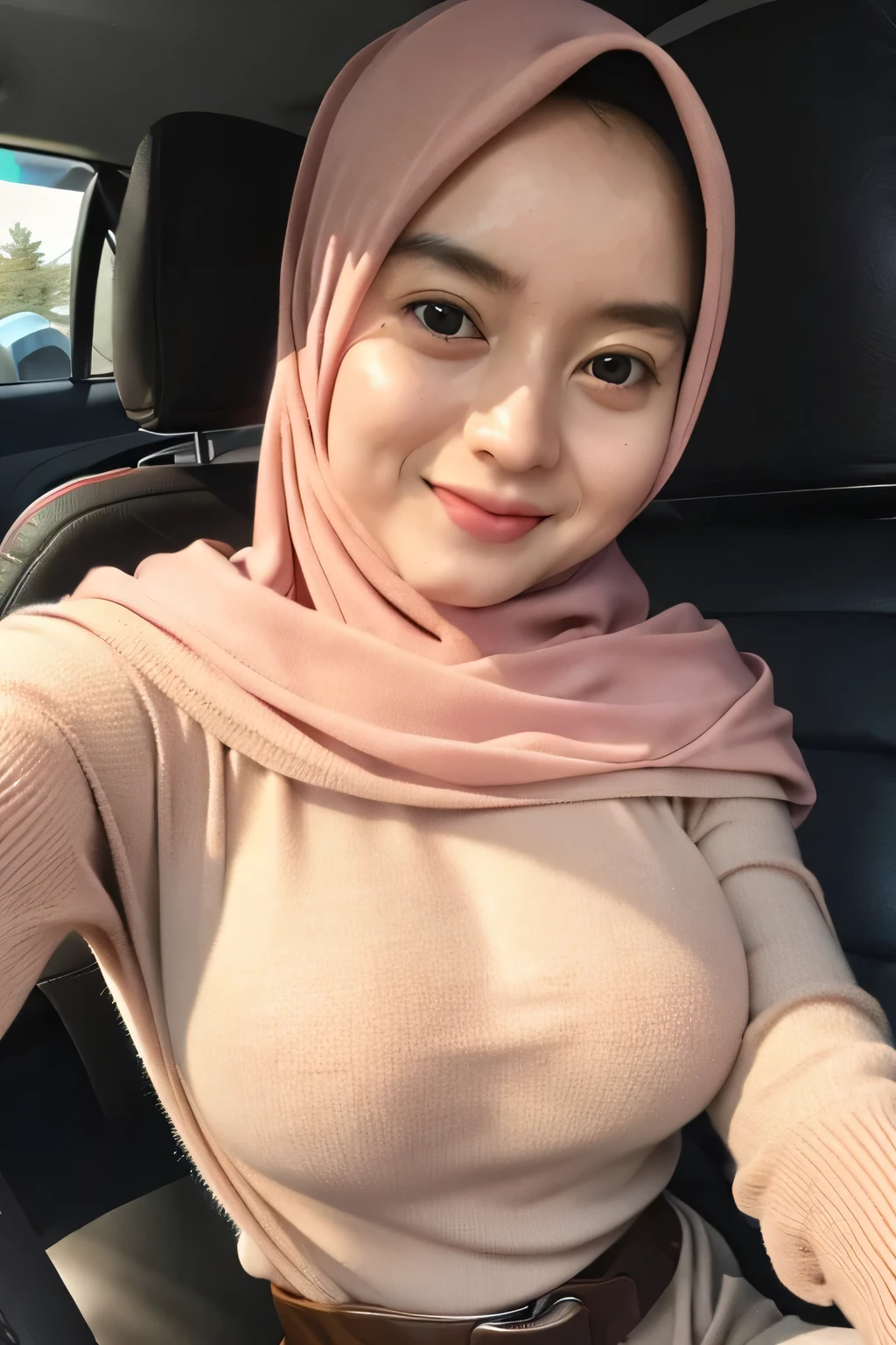 1 lady, 20 years old, best body, wearing pink hijab, hijab covers whole hair, wearing brown sweater, off shoulder, warm lighting , sitting in car, seat belt, night time, casual wear, close shot, shot from high angle, wearing big necklace, shiny skin, big breast (huge breast 1.6)