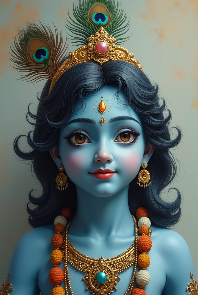 Lord Krishna,clam face and body posture,one hand kept sudrshna chakra ,and coller of body is blue,on the head fan of picock hair small
A man face