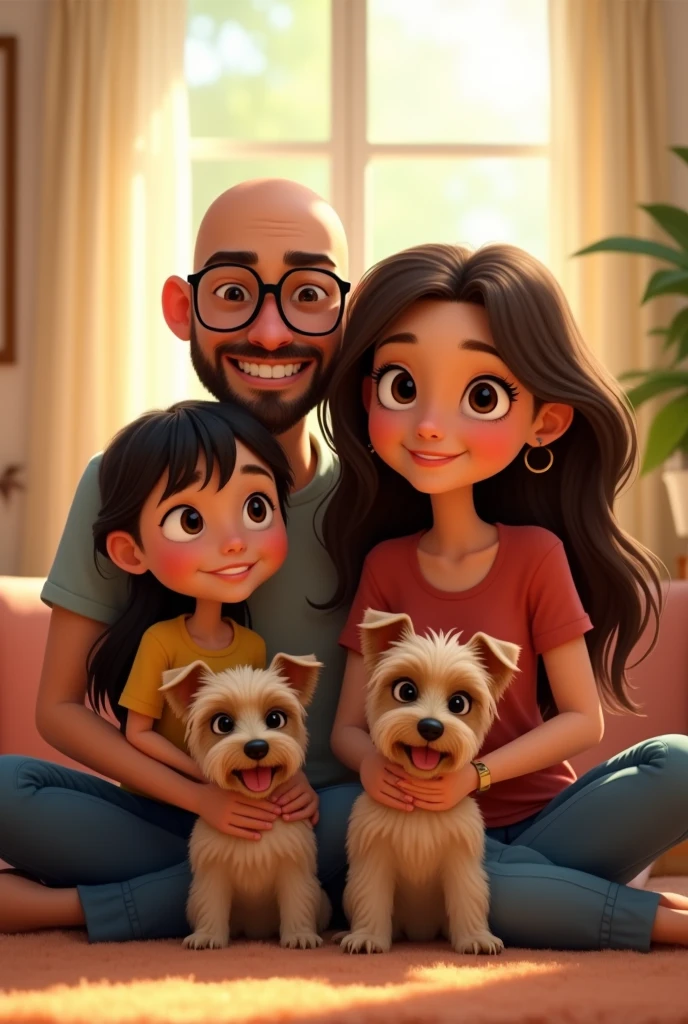 Pixar-like image of a family with 1 bald dad, with black-framed glasses and a beard, 1 mom with brown hair and 2 daughters, One of them was about  and the other was 1., both with long black hair. Include 2 female Yorkshire puppies