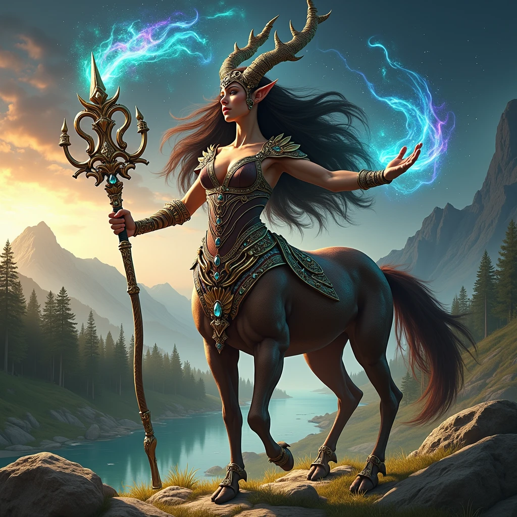 Epic digital art, beautiful female centaur sorceress, holding an ornate staff, wearing an intricate jeweled headdress, extravagant armor, casting colorful magic waves in the dark sky, sunset, river, mountains, coniferous forest, warm ambience.

