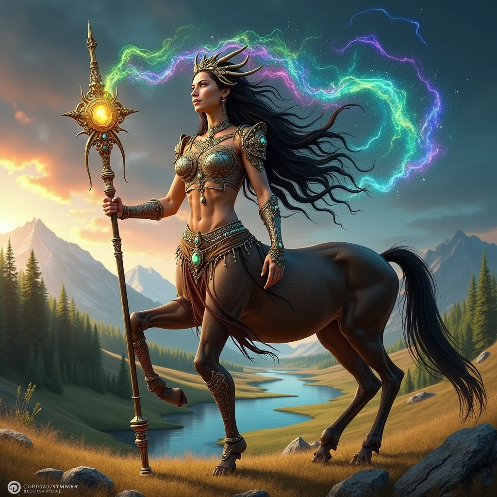 Epic digital art, beautiful female centaur sorceress, holding an ornate staff, wearing an intricate jeweled headdress, extravagant armor, casting colorful magic waves in the dark sky, sunset, river, mountains, coniferous forest, warm ambience.