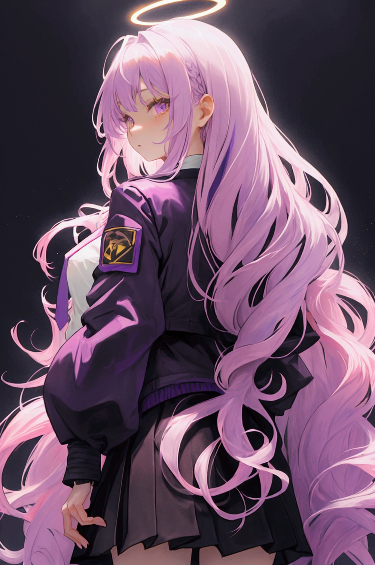 Beautiful long haired girl. Her front hair colours are purple, yellow and 1 pink strand hair. Her back hair colour is brown. She has a black halo. She wears dark purple jacket and pink tie. Her right sleeves is white and her left sleeves is black. She wears a gray skirt