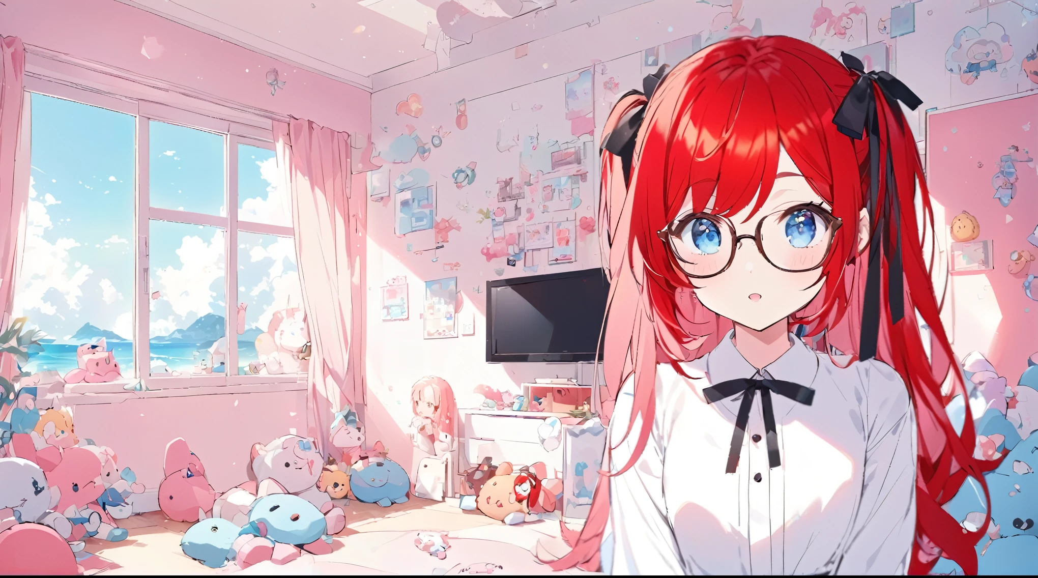 “A vibrant, anime-style VTuber with long, bright red twin-tail hair and blue eyes, wearing glasses and a white blouse with black ribbon details. She is standing in a cute, pastel pink bedroom with plush toys, cloud-shaped decorations on the wall, and a sea view visible through large windows. The room is bathed in soft natural light, creating a cozy and inviting atmosphere. A live chat window is visible on the right side of the image, with cheerful messages from fans. A digital clock is displayed at the top, showing ‘08:08:53.’”