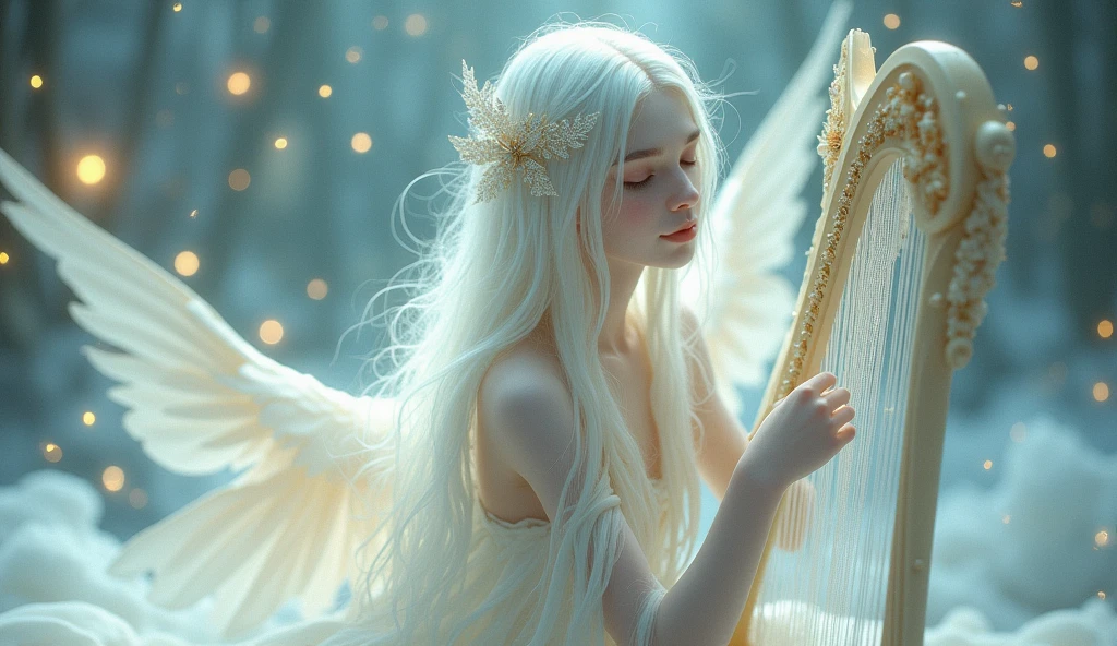 This image depicts a serene, ethereal scene featuring a delicate figure playing a harp. The character appears otherworldly, with pale skin and long, flowing white hair adorned with intricate, shimmering accessories. The setting seems to be a dreamy, celestial environment, filled with soft, glowing lights that enhance the magical ambiance. The figure's clothing is equally ethereal, with light, translucent fabric that adds to the otherworldly, almost angelic feel of the image.