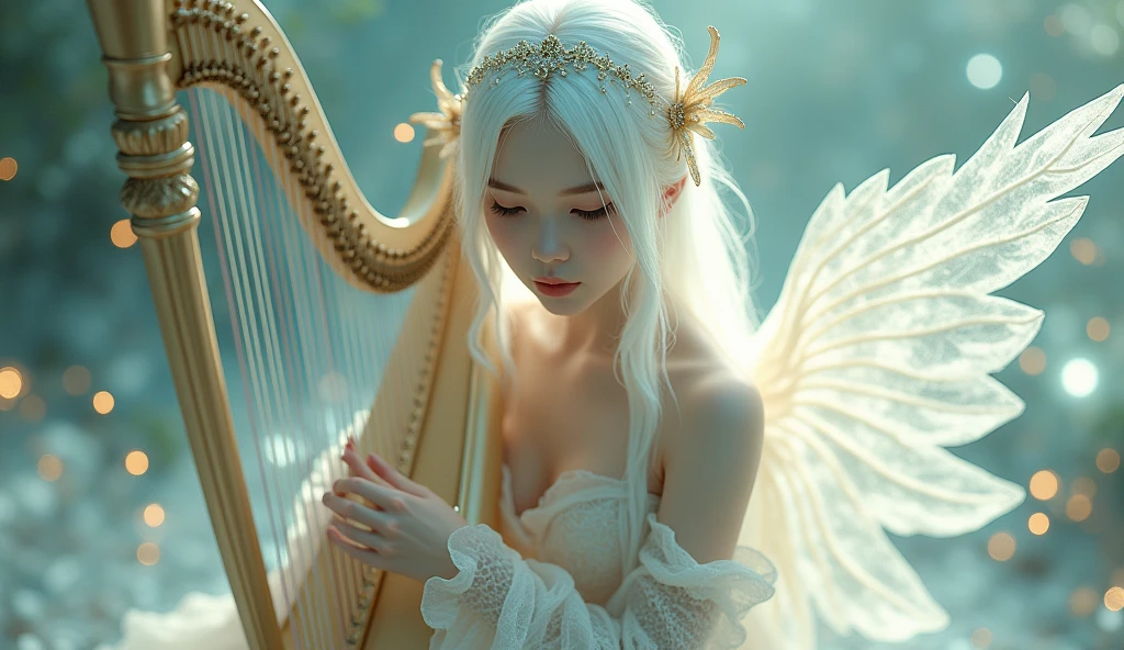 This image depicts a serene, ethereal scene featuring a delicate figure playing a harp. The character appears otherworldly, with pale skin and long, flowing white hair adorned with intricate, shimmering accessories. The setting seems to be a dreamy, celestial environment, filled with soft, glowing lights that enhance the magical ambiance. The figure's clothing is equally ethereal, with light, translucent fabric that adds to the otherworldly, almost angelic feel of the image.