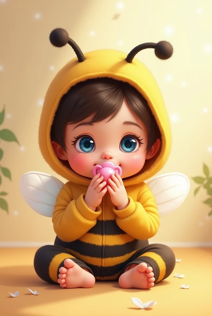 Little baby girl dressed as a bee sitting with a pink pacifier, blue eyes, dark brown hair , cute cartoon 
